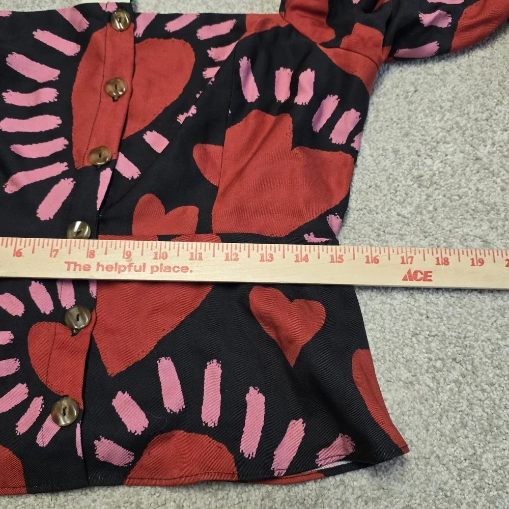 Farm Rio Long Sleeve Hearts Blouse Buttons Red Cropped Square‎ Neck Sz M NWT